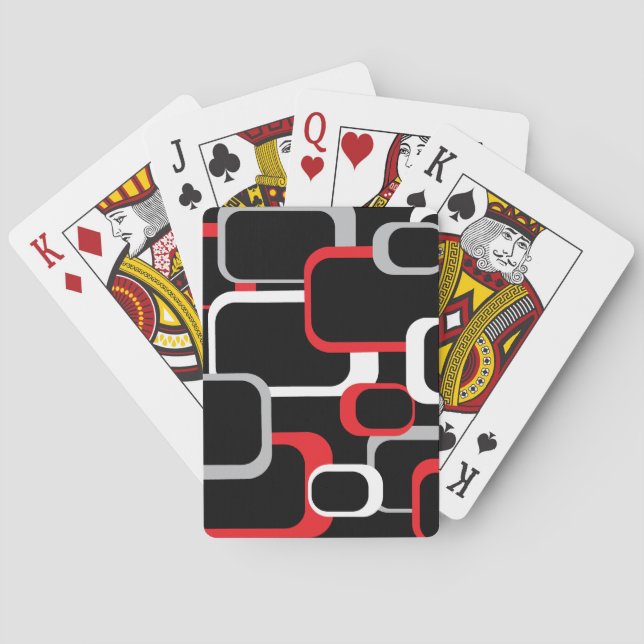Baraja De Cartas Retro Cuadrados Rojo Gris Blanco Fondo Negro (Reverso)