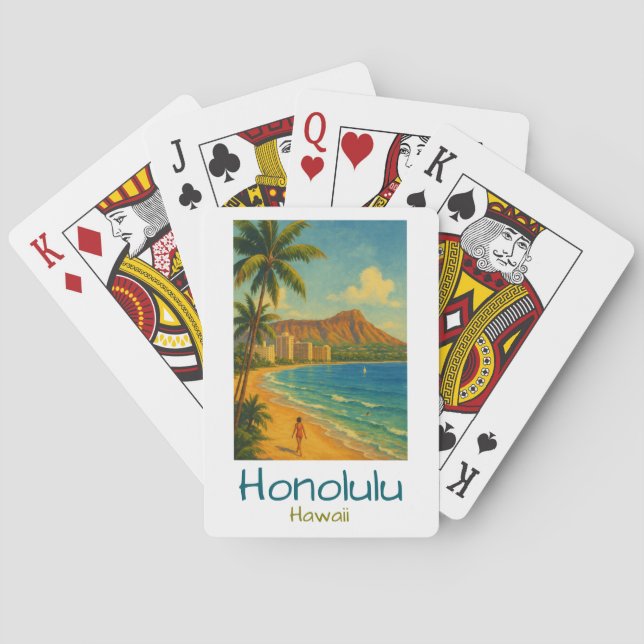 Baraja De Cartas Retro Honolulu Hawaii Waikiki Beach (Reverso)