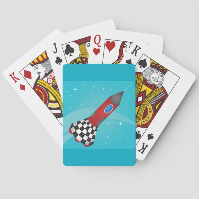 Baraja De Cartas Retro Red Rocket Ship in Space Galactic (Reverso)