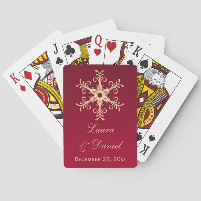 Baraja De Cartas Rojo. Copos de nieve del purpurina del oro que (Reverso)