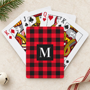 Baraja De Cartas Rojo Rústico Plaid de Búfalo Monograma Negro