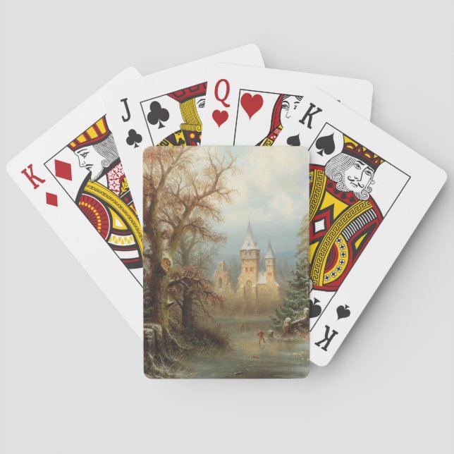 Baraja De Cartas Romántico paisaje invernal con patinadores de hiel (Reverso)