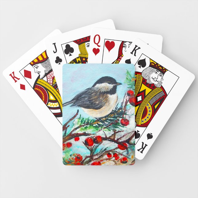 Baraja De Cartas Ropa de cerezas con punta negra de pollo (Chickadee Black-Capped Berries On Branch Playing Cards from Jenn's Emporium. )