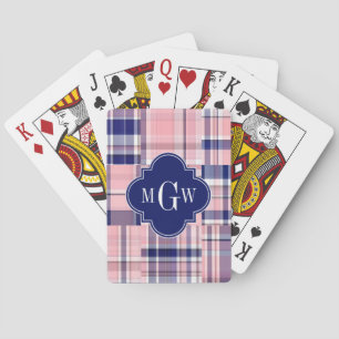 Baraja De Cartas Rosa, Azul Marino Preppy Parche Madras Monograma