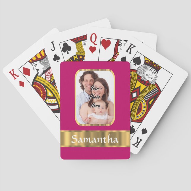 Baraja De Cartas Rosa caliente y oro personalizado (Reverso)