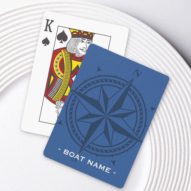 Baraja De Cartas Rosa de brújula y nombre del barco personalizado a (Compass rose and custom boat name blue poker cards)