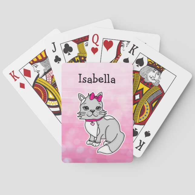 Baraja De Cartas Rosa de Chica personalizada de gato gris y blanco (Reverso)