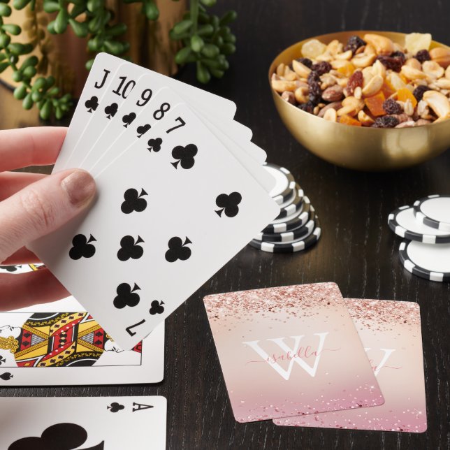 Baraja De Cartas Rosa dorada con brillo elegante guión monogramado (In Situ)