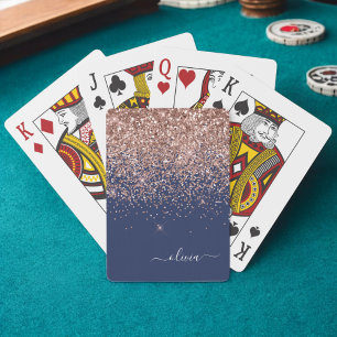 Baraja De Cartas Rosa Dorado Azul Marino Brillo Monograma Rosado