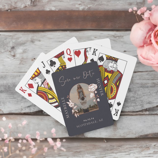 Baraja De Cartas Rosa floral de Boho moderno (Modern Boho Floral Rose Photo Arch Navy Playing Cards)