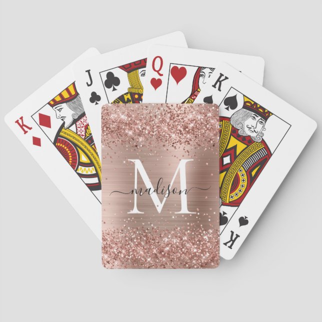Baraja De Cartas Rosa Purpurina de oro con guión de monograma Metal (Reverso)