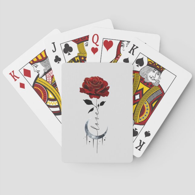 Baraja De Cartas Rosa roja de tatuaje y luna de luna creciente con  (Reverso)