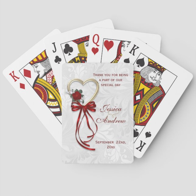 Baraja De Cartas Rosa romántico, corazón dorado y cinta roja (Reverso)