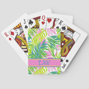Baraja De Cartas Rosa y Verde Preppy Monograma de Hojas de Palma