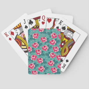 Baraja De Cartas Rosas rosadas bonitas y patrón de lunares en azul 