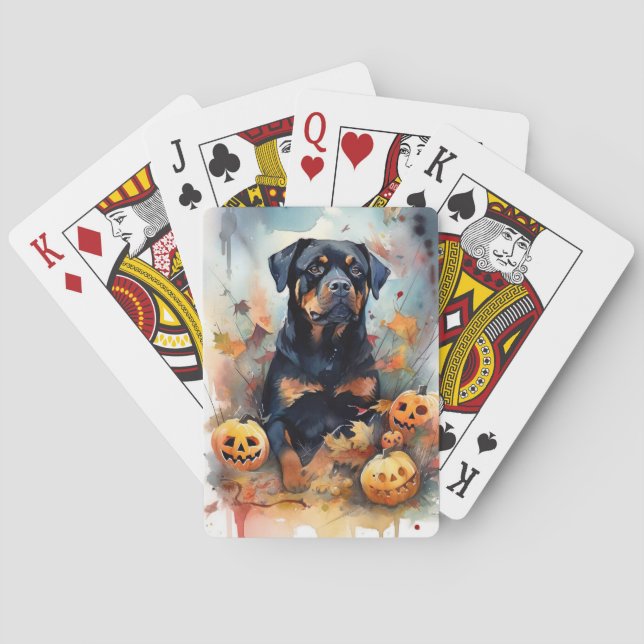Baraja De Cartas Rottweiler de Halloween con calabazas aterradoras (Reverso)