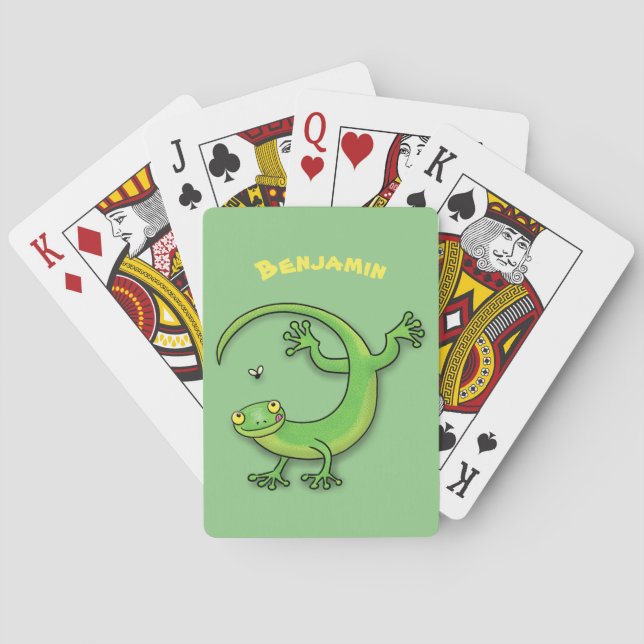 Baraja De Cartas Saludos felices de gecko verde lindo con personali (Reverso)