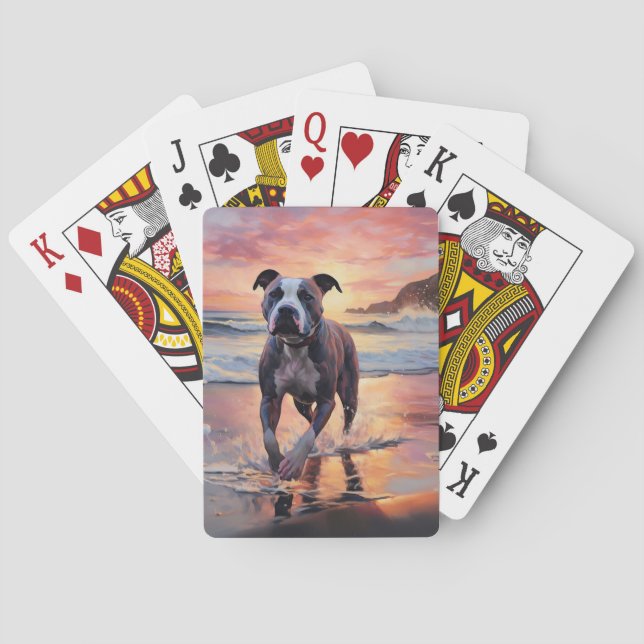 Baraja De Cartas Sandy American Staffordshire Dog on Beach Sunset (Reverso)