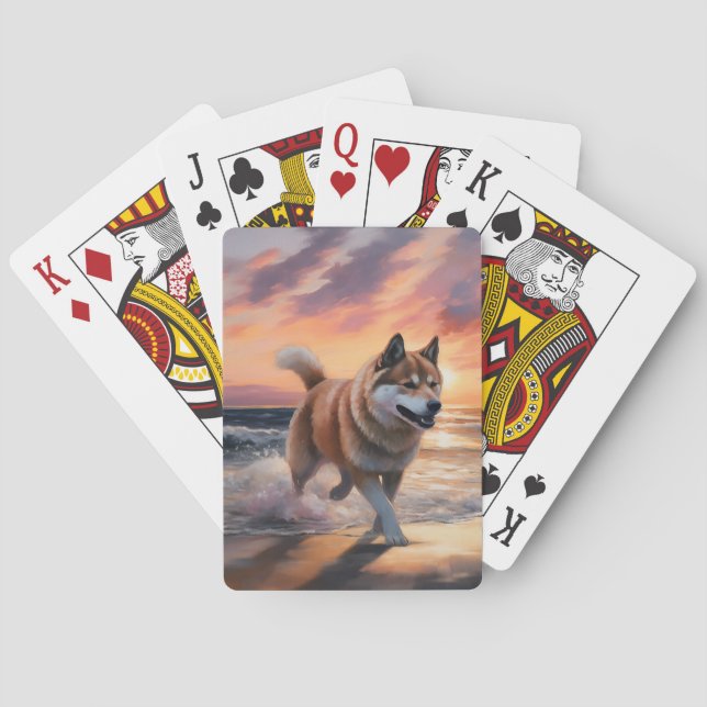 Baraja De Cartas Sandy Paws Akita Dog en Beach Sunset (Reverso)