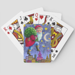 BARAJA DE CARTAS SANTA CLAUS CAMINA DE PUNTILLAS EN TECHOS CON BOLS