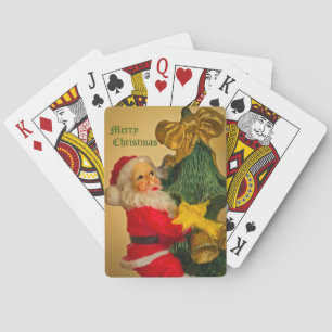 Baraja De Cartas Santa Claus trepando el árbol de Navidad - Vintage