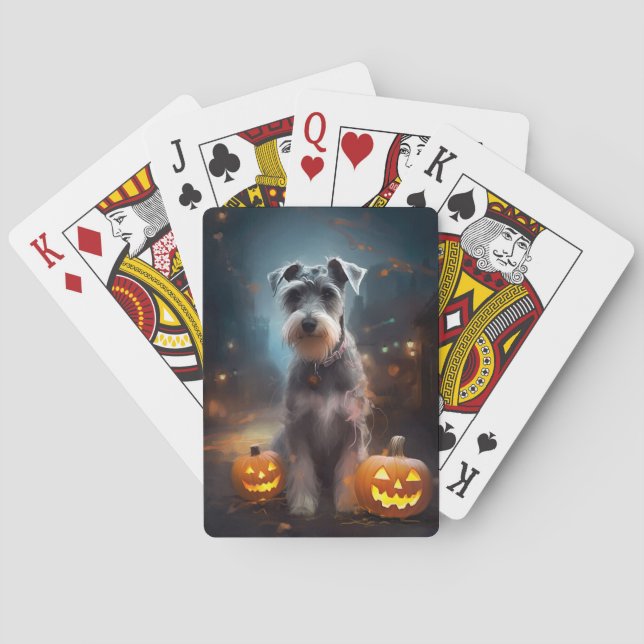 Baraja De Cartas Schnauzer de Halloween con calabazas aterradoras (Reverso)
