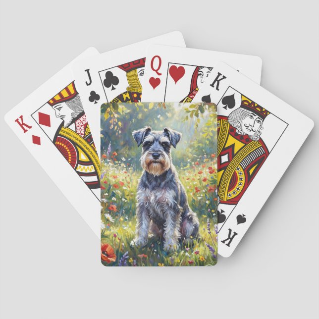 Baraja De Cartas Schnauzer en prado de flores silvestres (Reverso)