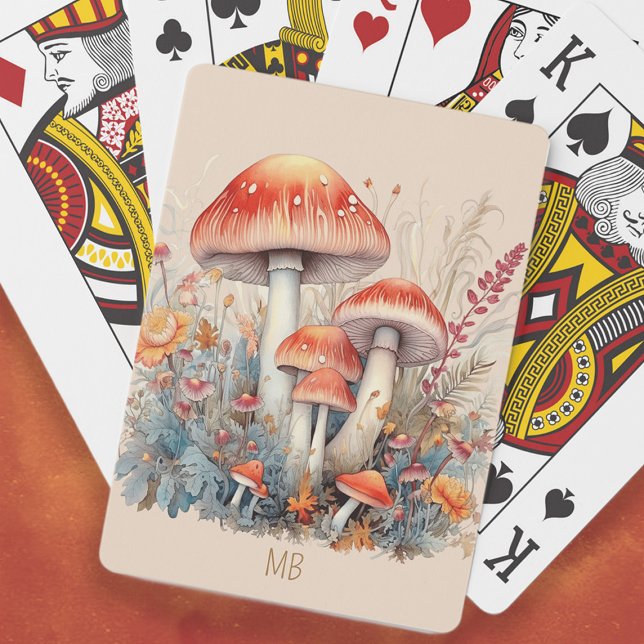 Baraja De Cartas Setas Rojas Bosque Hongos Monograma (Red mushroom painting playing cards personalized with your monogram/initials or any text you choose)