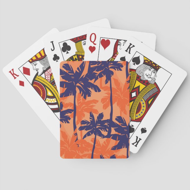 Baraja De Cartas Silueta de palmera azul, fondo naranja (Reverso)