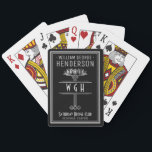 Baraja De Cartas Silver Black Monogramed Luxury Nombre Personalizad<br><div class="desc">Diseñado en color negro y falso plateado, este diseño Art Deco de inspiración vintage incluye un tema y un espacio de adorno floral/geométrico de color plateado para tu nombre, 3 cartas de monograma, club de tarjetas y ubicación -o cualquier texto que quieras. Esta elegante cubierta de cartas tiene un lujoso...</div>
