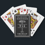 Baraja De Cartas Silver Black Monogramed Luxury Nombre Personalizad<br><div class="desc">Diseñado en color negro y falso plateado, este diseño Art Deco de inspiración vintage incluye un tema y un espacio de adorno floral/geométrico de color plateado para tu nombre, 3 cartas de monograma, club de tarjetas y ubicación -o cualquier texto que quieras. Esta elegante cubierta de cartas tiene un lujoso...</div>