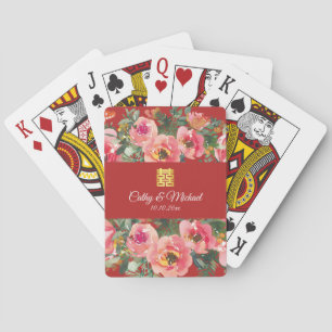 Baraja De Cartas Símbolo de doble felicidad de fondo de flor rosa