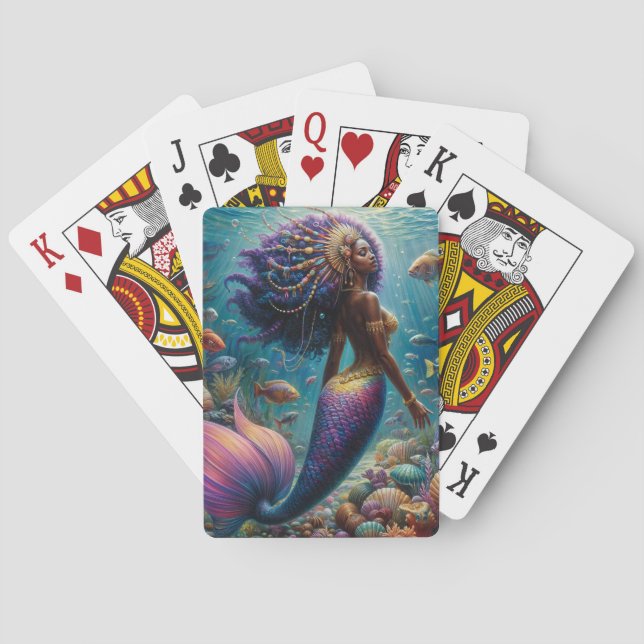 Baraja De Cartas Sirena De Piel Oscura Con Pelo Púrpura (Reverso)