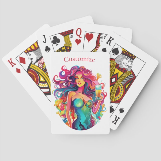 Baraja De Cartas Sirenita de cabello arcoiris con cóctel (Reverso)