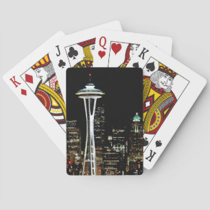 Baraja De Cartas Skyline Seattle por la noche, con la aguja espacia