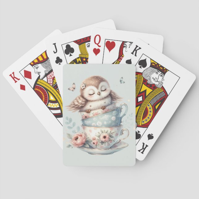 Baraja De Cartas Sleeping Owl in Stacked Floral Teacups (Reverso)