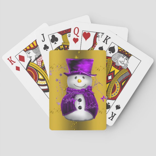 Baraja De Cartas Snowman púrpura sobre Navidades de oro (Reverso)
