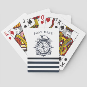 Baraja De Cartas Sombrero Náutico, Ancla, Rueda Azul Marino Rayado 