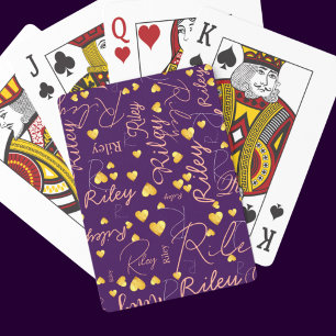 Baraja De Cartas Su nombre con corazón de oro morado