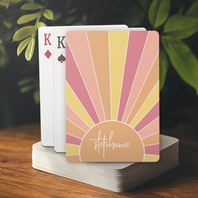 Baraja De Cartas Sunrise de rayas retro - nombre de guión de arcoir (Personalized playing cards)