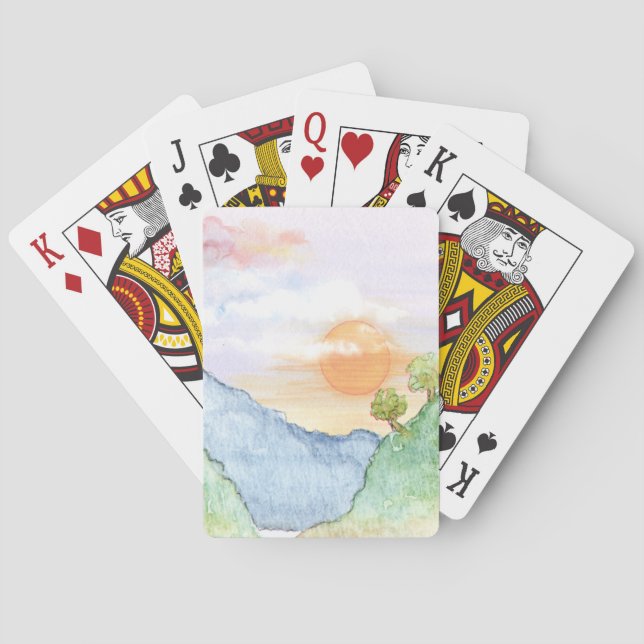 Baraja De Cartas Sunset acuarela sobre montañas y árboles (Reverso)