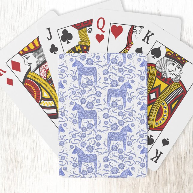 Baraja De Cartas Swedish Dala Horse Indigo Blue Folk Art (Swedish Dala Horse blue and white patterned playing cards)