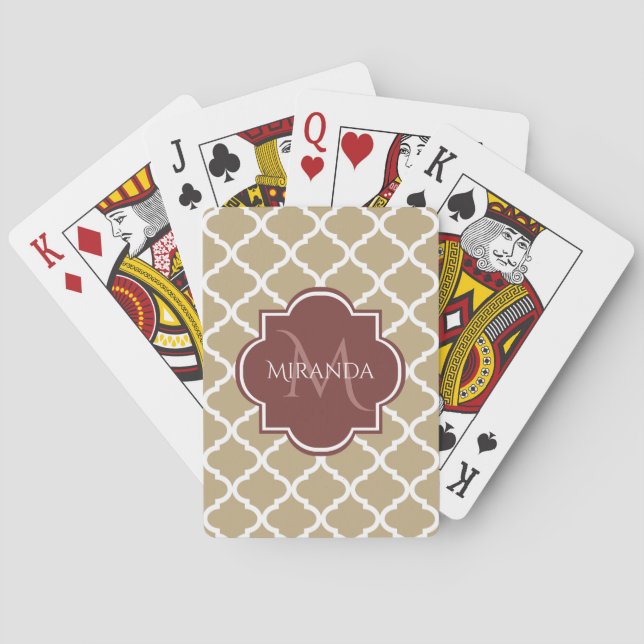 Baraja De Cartas Tan elegante Quatrefoil Burgundy Monograma y nombr (Reverso)