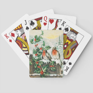 Baraja De Cartas Tarjeta de Navidad antigua con petirrojos, acebo,