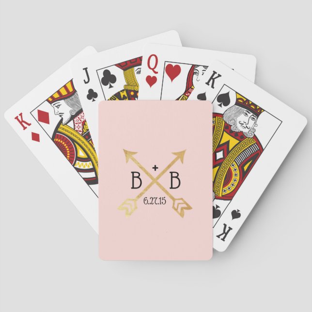Baraja De Cartas Tarjetas de juego de monograma Boda rosa y dorado (Reverso)