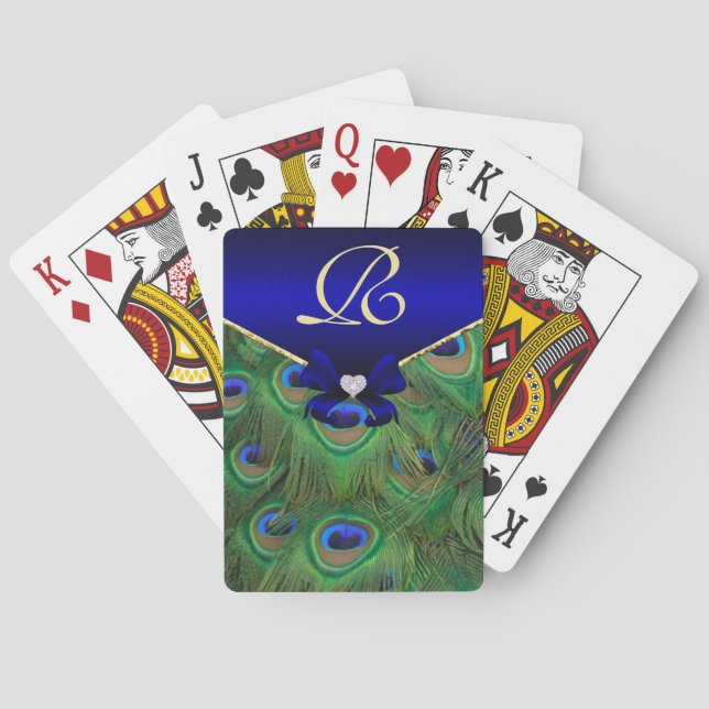 Baraja De Cartas Tarjetas de juego Royal Blue Peacock Monograma (Reverso)