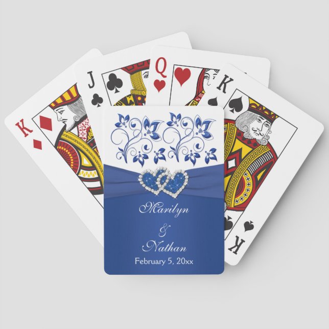 Baraja De Cartas Tarjetas de juego Royal Blue, White Floral Boda (Reverso)