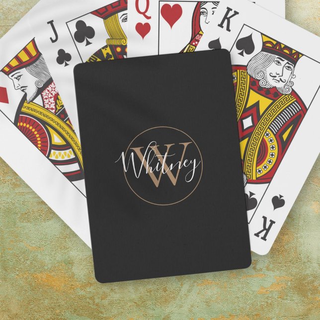 Baraja De Cartas Tarjetas de reproducción de nombres de guiones de  (Black and Gold Monogram Script Name Playing Cards)