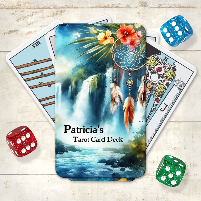 Baraja De Cartas Tarjetas Tarot Dreamcatcher para chamanes de casca (Shaman tarot cards featuring a painting of a waterfall with tropical flowers on a dreamcatcher)
