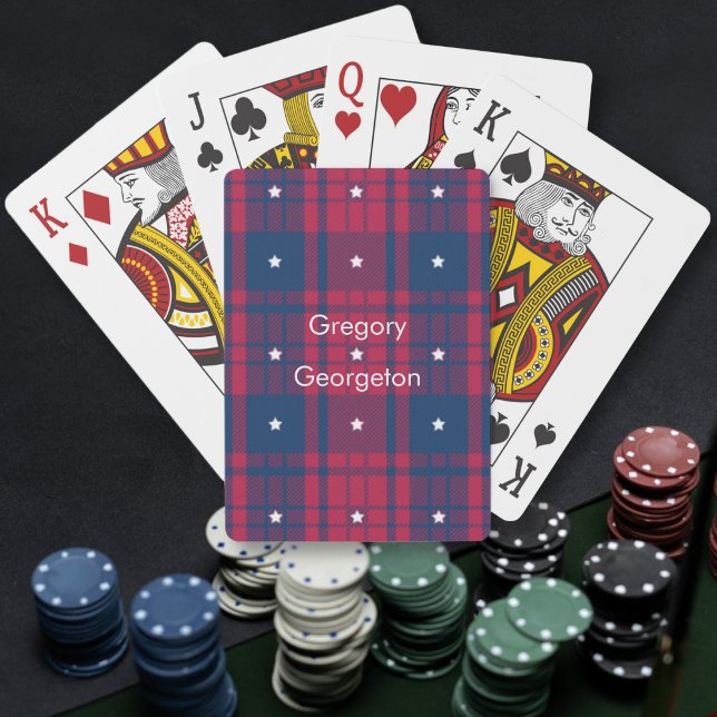 Baraja De Cartas Tartán - Patriótico - Estrellas blancas rojas (Tartan - Patriotic - Red Blue White Stars Playing Cards by Leapfroglisics Shop)